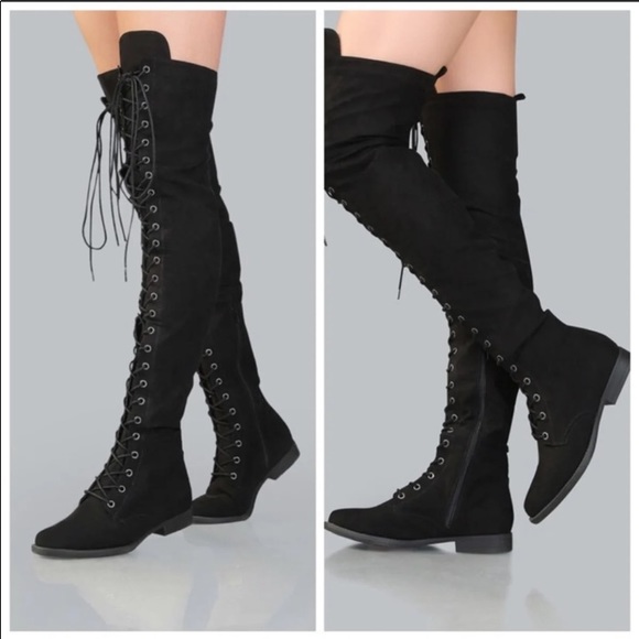 Black suede OTK lace up boots - Picture 3 of 4